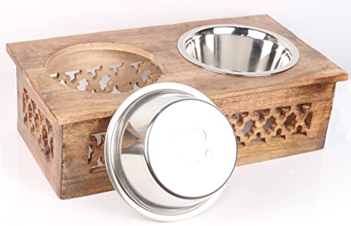 Wooden Elevated Bowl Stand + Two Stainless Steel Bowls