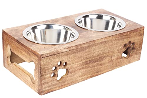 Wooden Elevated Bowl Stand + Two Stainless Steel Bowls