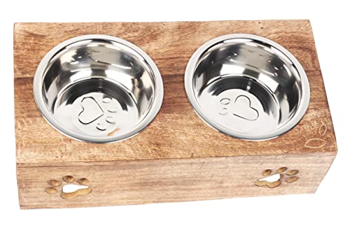 Wooden Elevated Bowl Stand + Two Stainless Steel Bowls