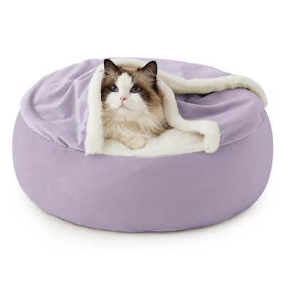 Lesure Cat Bed with Cover Cave - Covered Round Kitten Bed with Hooded Blanket, Machine Washable Burrow Pet Bed for Indoor Cats, Extra Small Cozy Cave Puppy Bed with Anti-Slip Bottom, Purple 20"