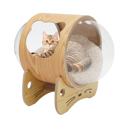 Cat Wooden Bed Transparent Spaceship Capsule
