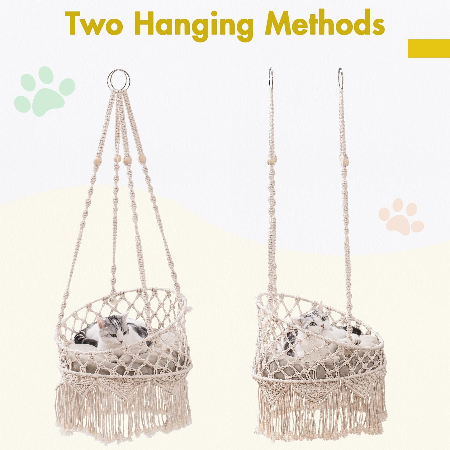 MEWOOFUN Macrame Cat Hammock, Hanging Cat Bed Hammock Cat Swing for Indoor Cats, Boho Cat Swing Bed for Sleeping, Playing, Climbing, and Lounging (Beige)