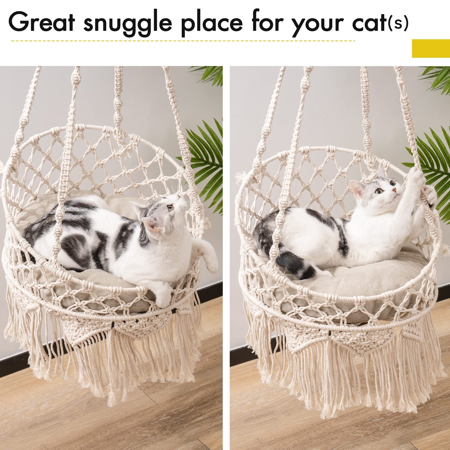 MEWOOFUN Macrame Cat Hammock, Hanging Cat Bed Hammock Cat Swing for Indoor Cats, Boho Cat Swing Bed for Sleeping, Playing, Climbing, and Lounging (Beige)