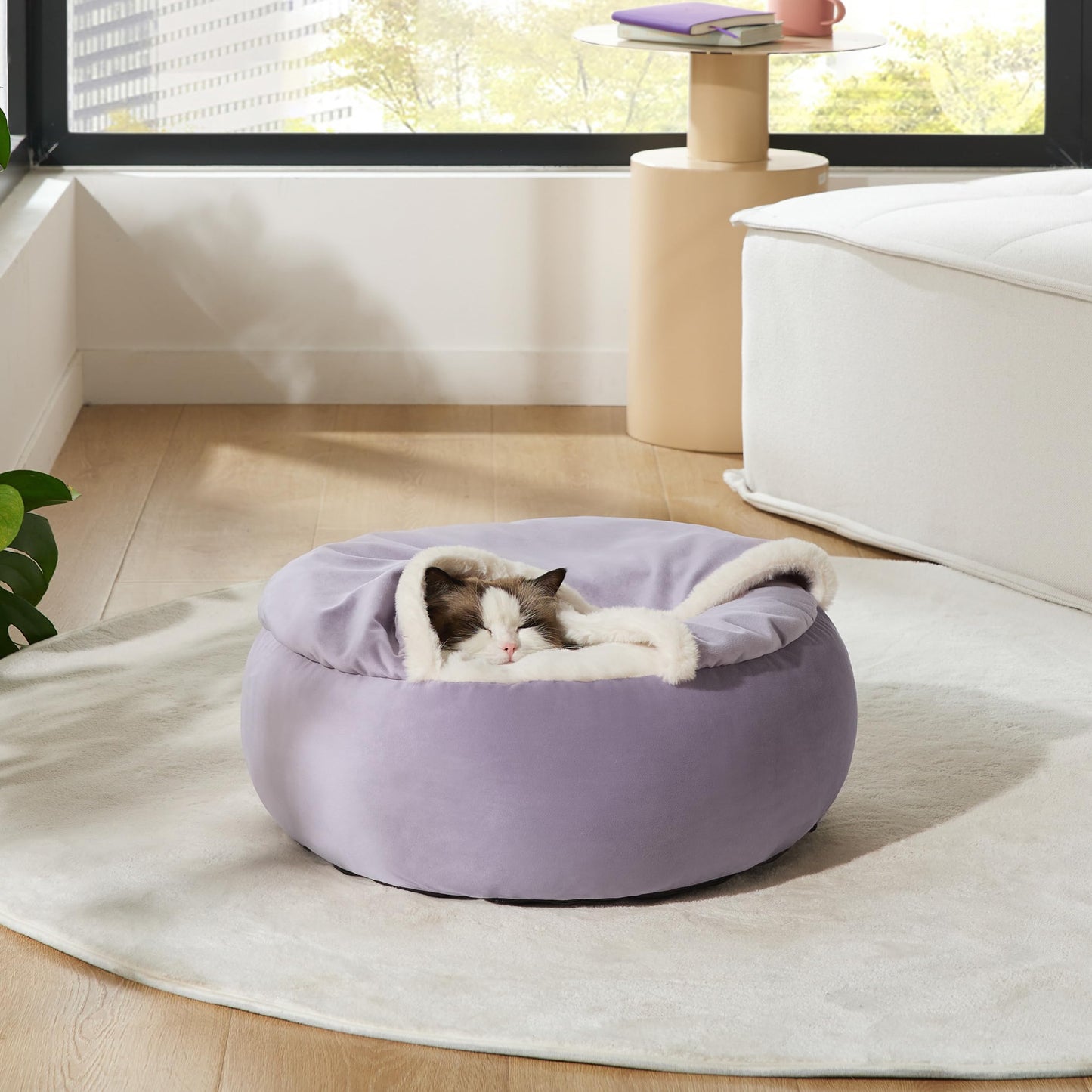 Lesure Cat Bed with Cover Cave - Covered Round Kitten Bed with Hooded Blanket, Machine Washable Burrow Pet Bed for Indoor Cats, Extra Small Cozy Cave Puppy Bed with Anti-Slip Bottom, Purple 20"