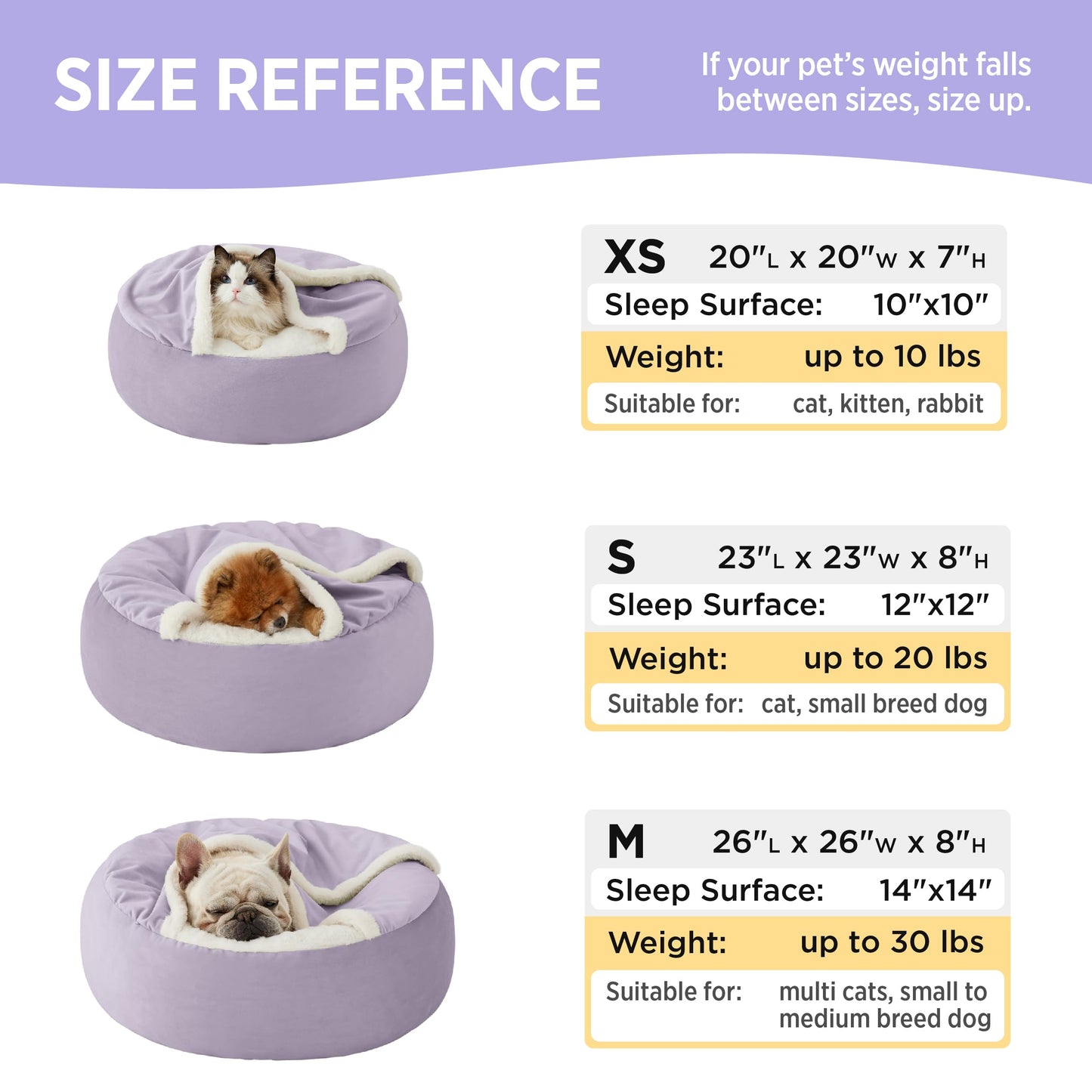 Lesure Cat Bed with Cover Cave - Covered Round Kitten Bed with Hooded Blanket, Machine Washable Burrow Pet Bed for Indoor Cats, Extra Small Cozy Cave Puppy Bed with Anti-Slip Bottom, Purple 20"