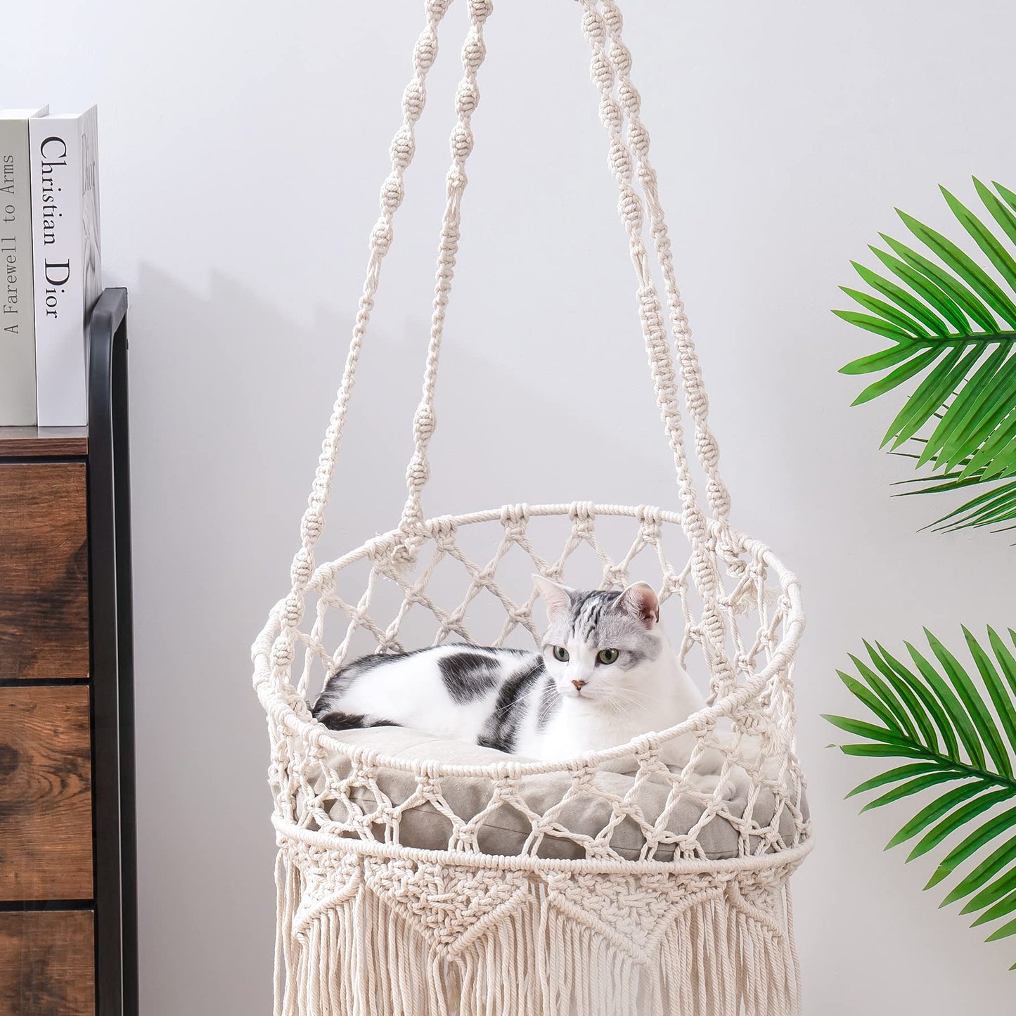 MEWOOFUN Macrame Cat Hammock, Hanging Cat Bed Hammock Cat Swing for Indoor Cats, Boho Cat Swing Bed for Sleeping, Playing, Climbing, and Lounging (Beige)