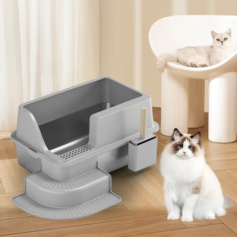 Cat Extra Large Stainless Steel Litter Box With Stairs