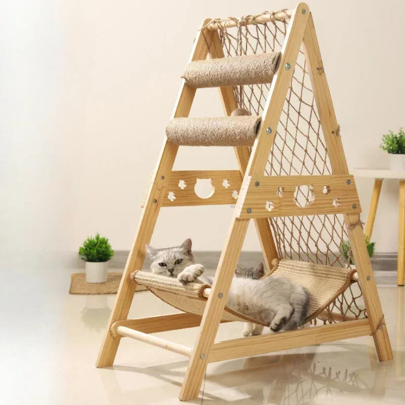 Cat Wooden Triangle Climbing Tree With Hammock