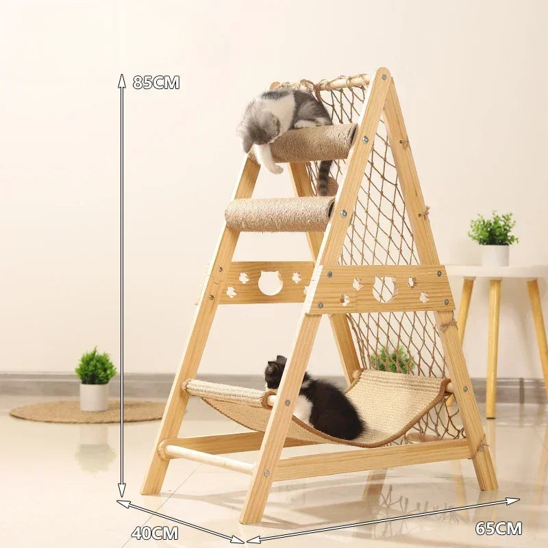 Cat Wooden Triangle Climbing Tree With Hammock