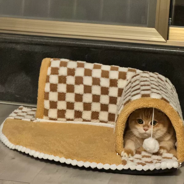 2-in-1 Plush Checkered Cat Tunnel Bed