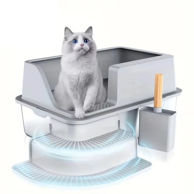 Cat Extra Large Stainless Steel Litter Box With Stairs