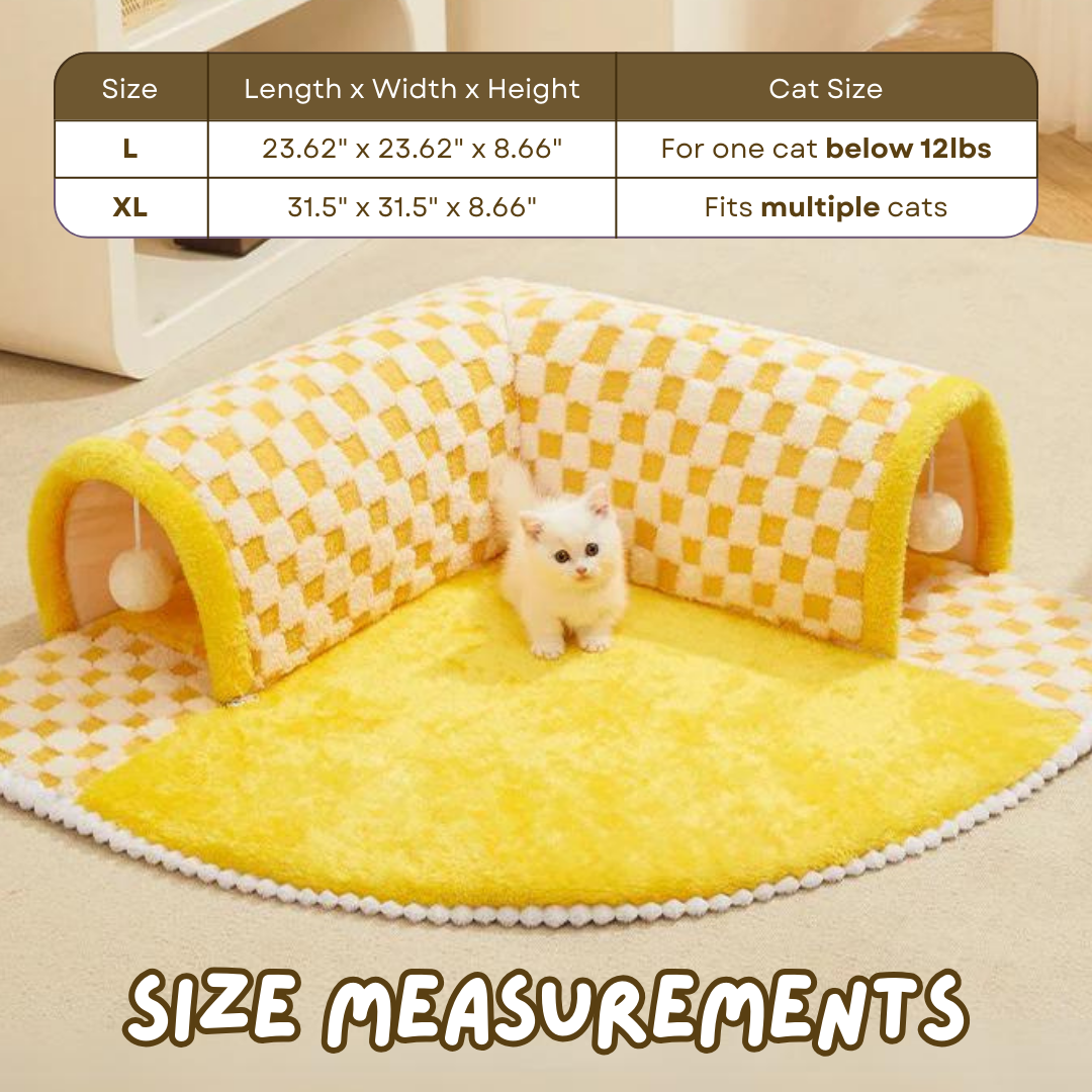 2-in-1 Plush Checkered Cat Tunnel Bed