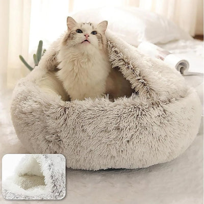 Cat Round Plush Fluffy Hooded Bed Cave