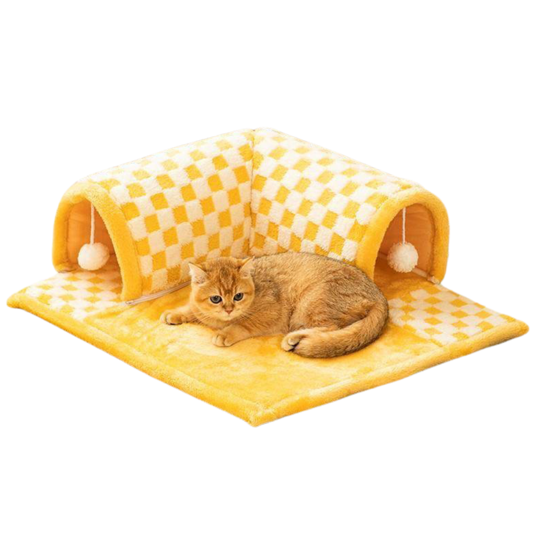 2-in-1 Plush Checkered Cat Tunnel Bed