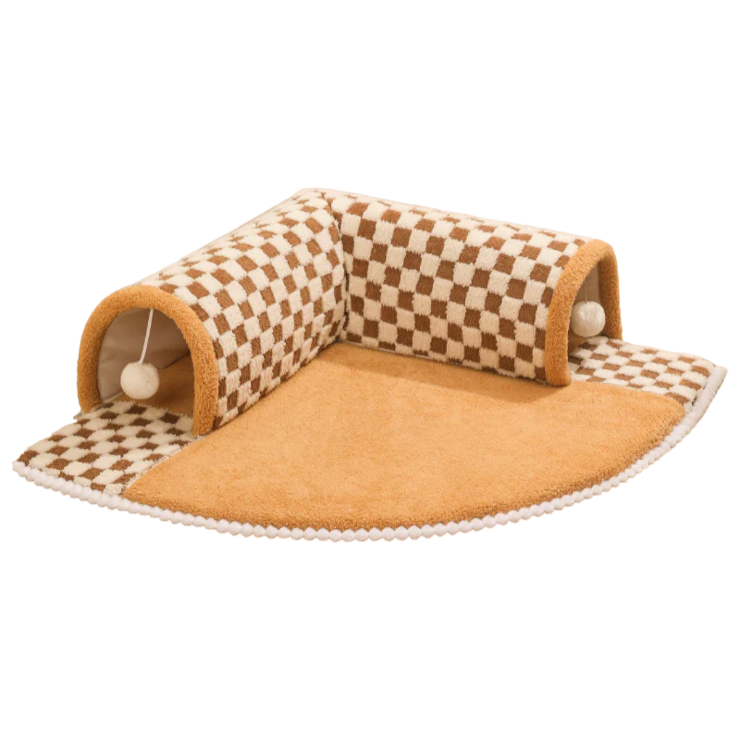 2-in-1 Plush Checkered Cat Tunnel Bed