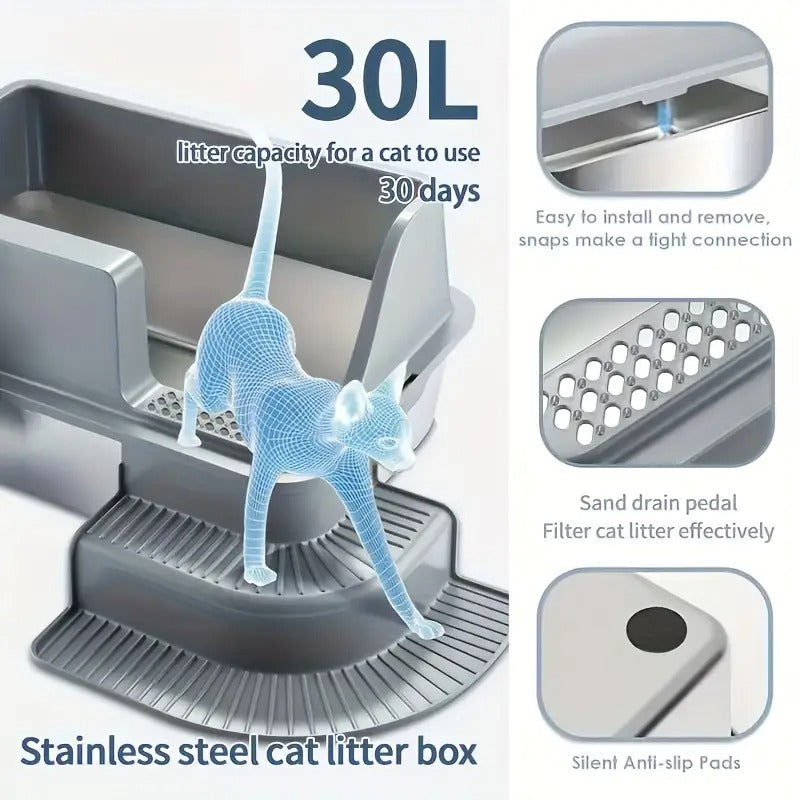 Cat Extra Large Stainless Steel Litter Box With Stairs