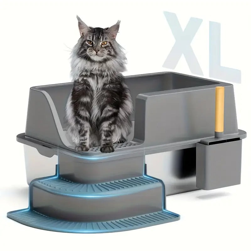 Cat Extra Large Stainless Steel Litter Box With Stairs