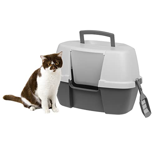 Large Enclosed Corner Cat Litter Box with Front Door Flap and Scoop