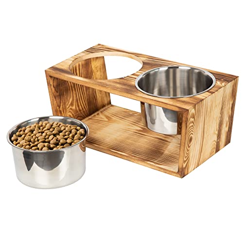 Wooden Elevated Bowl Stand + Two Stainless Steel Bowls