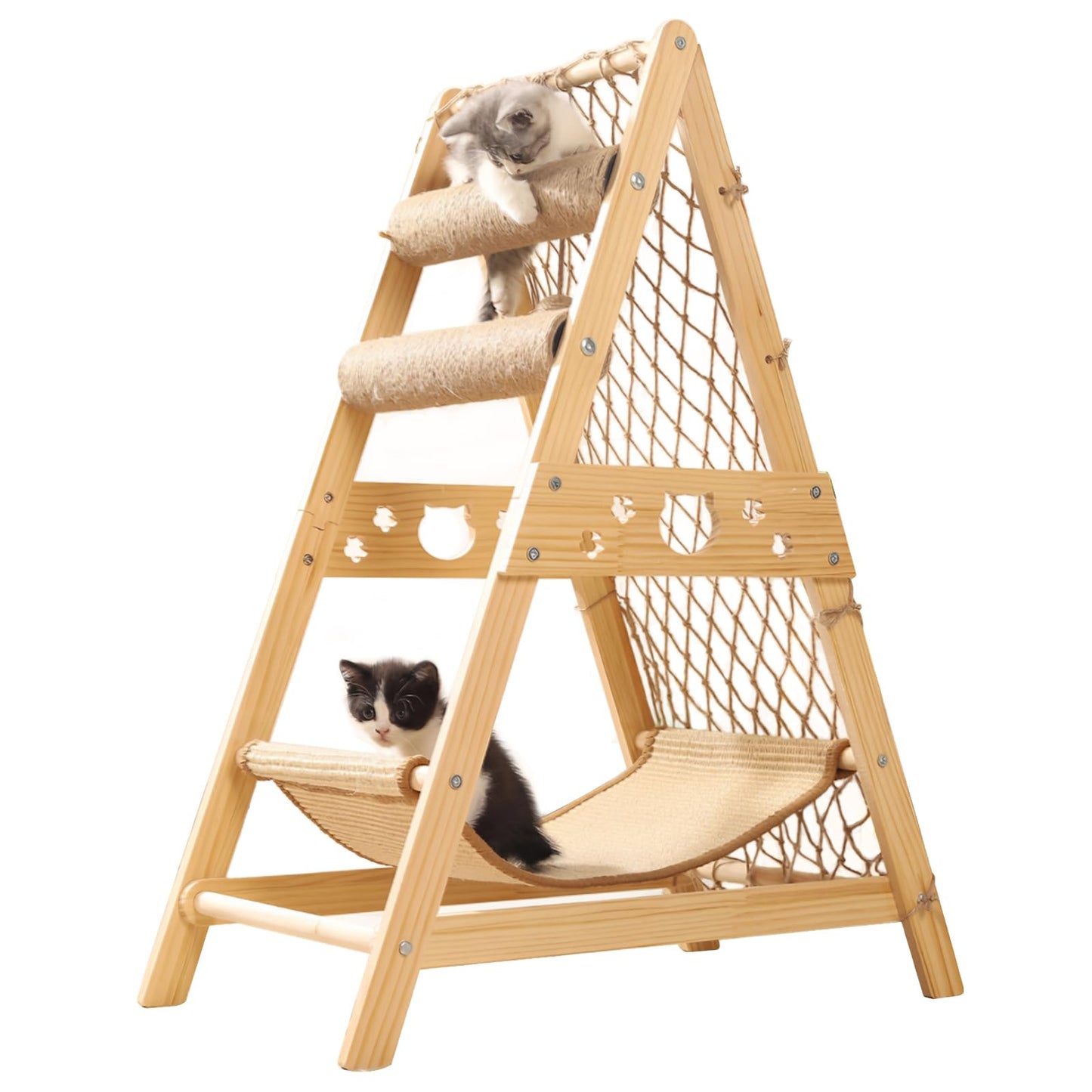 Cat Wooden Triangle Climbing Tree With Hammock