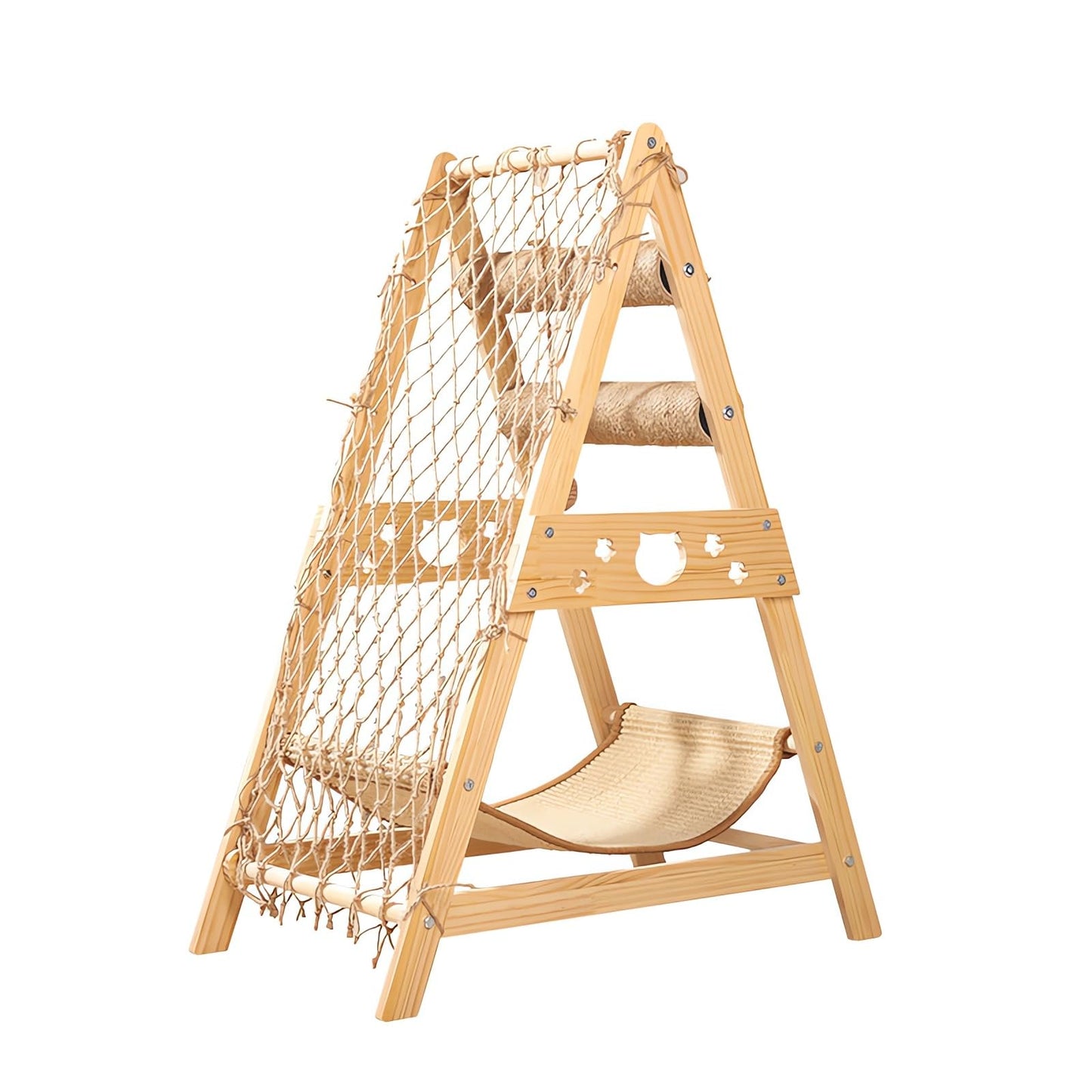 Cat Wooden Triangle Climbing Tree With Hammock