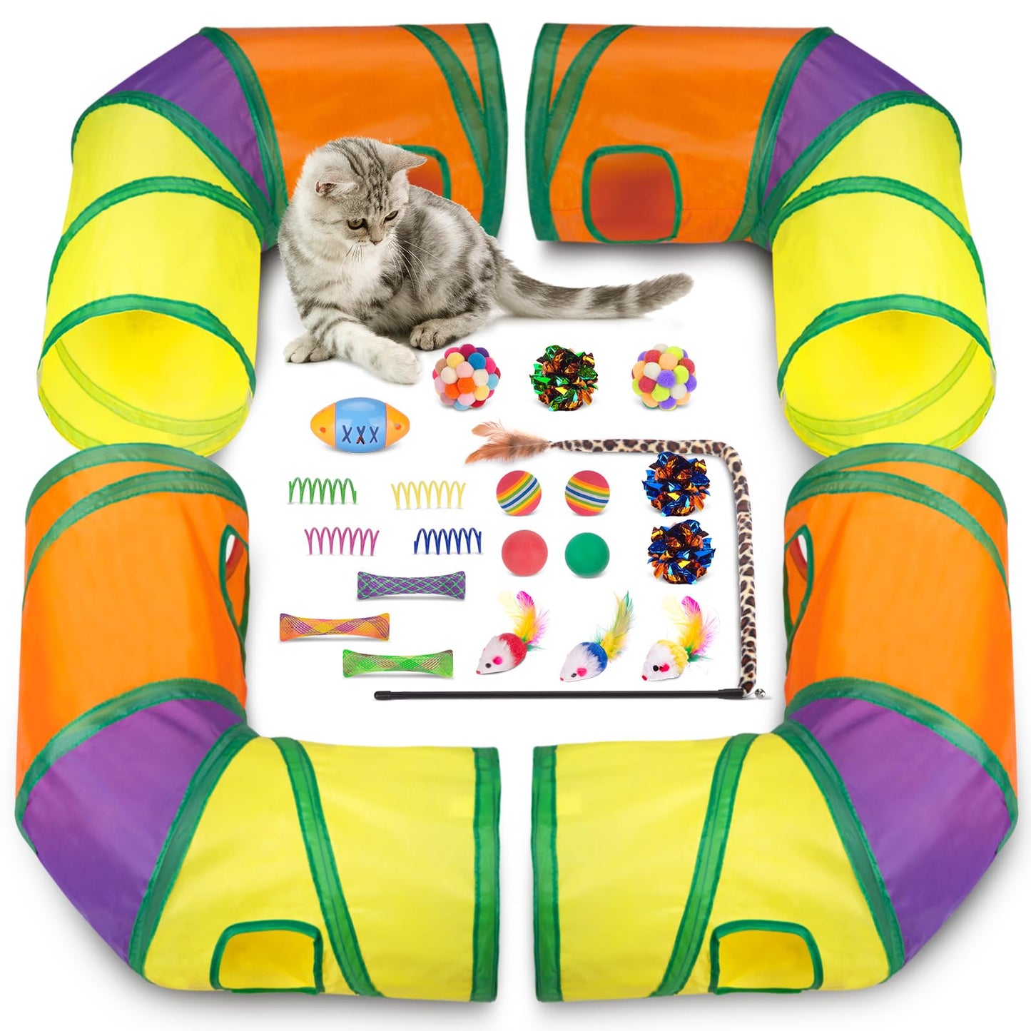 Cat Interactive L Shape Collapsible Rainbow Tunnel Play Set