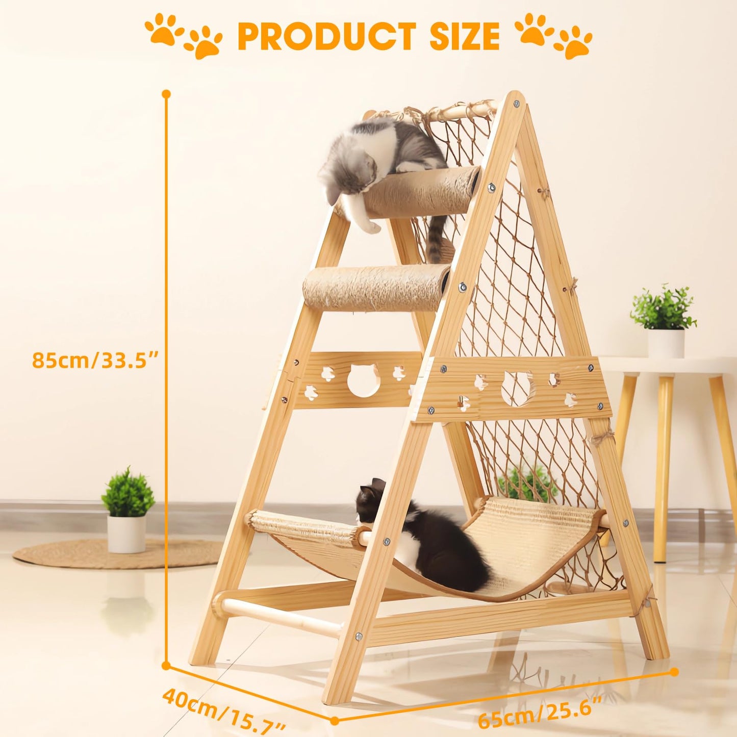 Cat Wooden Triangle Climbing Tree With Hammock