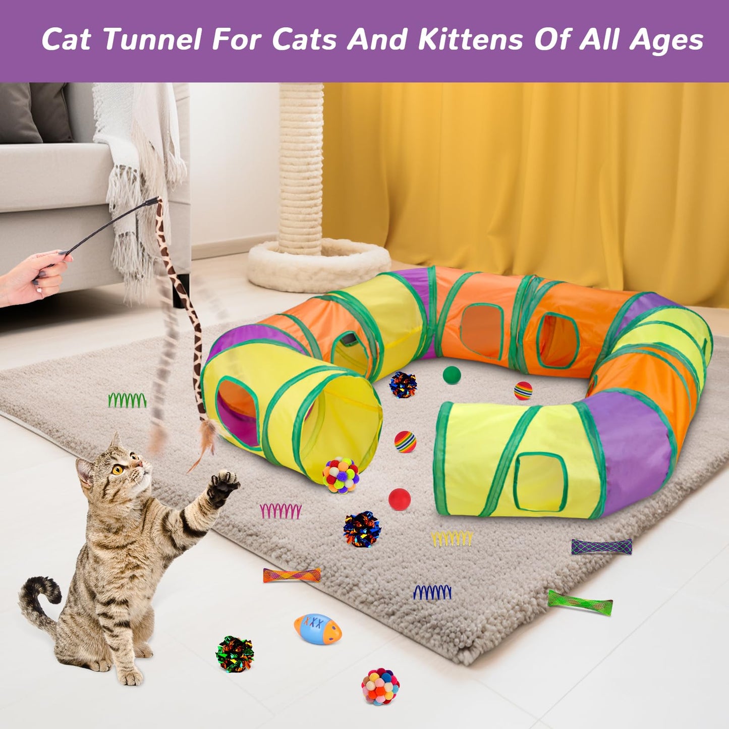 Cat Interactive L Shape Collapsible Rainbow Tunnel Play Set