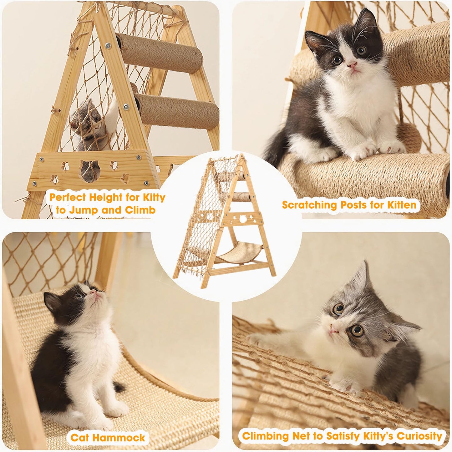 Cat Wooden Triangle Climbing Tree With Hammock